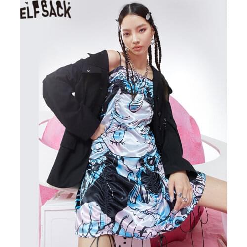 ELFSACK Punk Cartoon Print High Waist Casual Summer Slip Dresses Women 2021 Spring Harajuku Sexy Ladies Vintage Graphic Dress