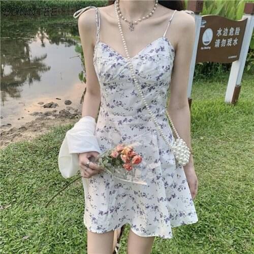 Dresses Women Sweet Korean Style Gentle Spaghetti Straps A-line Summer Leisure Lace-up Mini Mujer Trendy Girls Student All-match