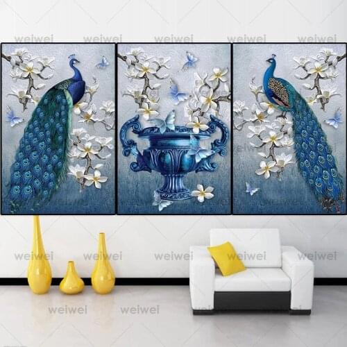 Triptych Peacock and Vase Butterfly Canvas Painting Bedroom Parlor Room Decor Wall Prints Posters Decorative Paintings