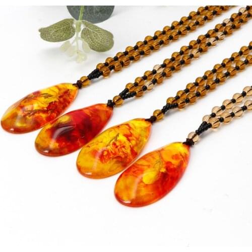 Baltic Amber Plant Inlaid Natural Pendant Necklace Unisex Fashion Jewelry