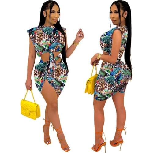 RStylish 2021 Summer Women Clothes Print Sleeveless Lace Up Crop Top Asymmetry Mini Skirt Clubwear 2 Piece Set