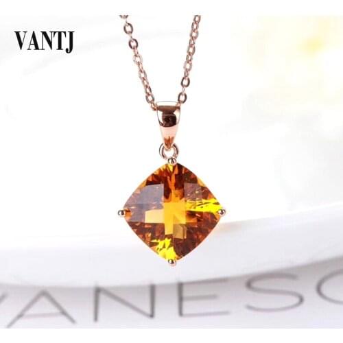 VANTJ Natural Citrine Pendant Sterling 14k Gold Real AU585 Necklace Elegant Fine Jewelry For Women Lady Party Wedding Gift Box