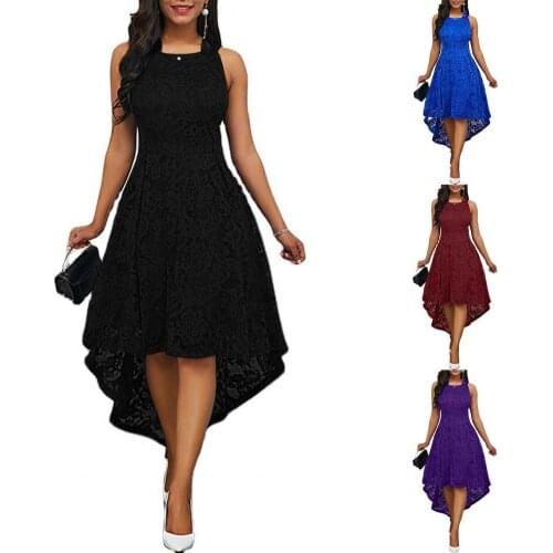 Women Formal Dress 2021 Waist Tied Floral Lace Irregular Hem Women Round Neck Sleeveless Dress for Wedding