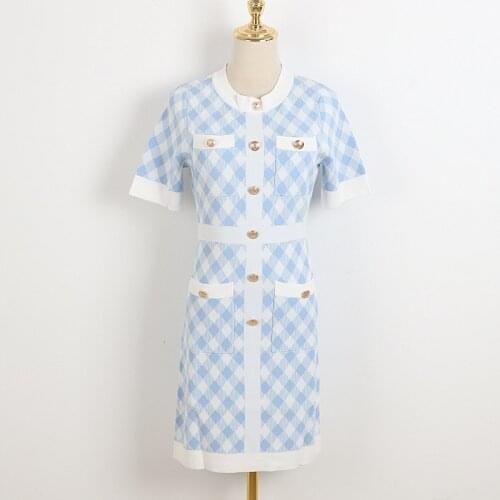 Retro Blue Plaid Summer Office Ladies Clothes 2021 New Short-Sleeved Slim Luxury Boutton Designer Double-Pocket Knit Dress Brand
