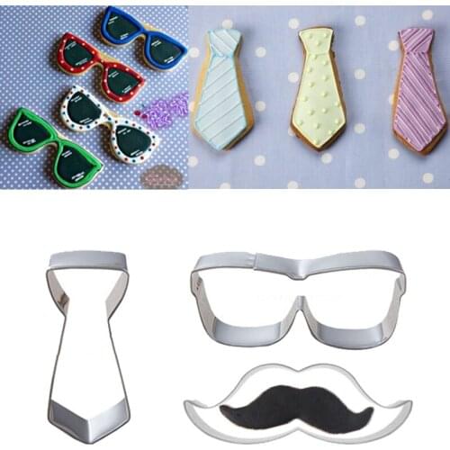 3pcs Tie Glasses Moustache Cookie Cutter Fondant Cake Decorative Tool Biscuit Pastry Shop Stainless Steel Molds Metal DIY Gateau