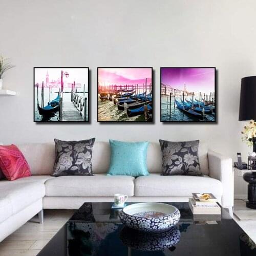 3PCS/Set Canvas Painting Triptych Ship Terminal Sunset Glow Landscape Poster Print Wall Art Picture For Living Room Decoration