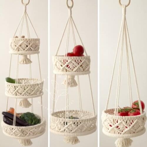 3 Tier Macrame Hanging Basket Boho Home Decor Flower Plant Holder Hanging Fruit Basket for Kitchen Indoor Outdoor Decorative