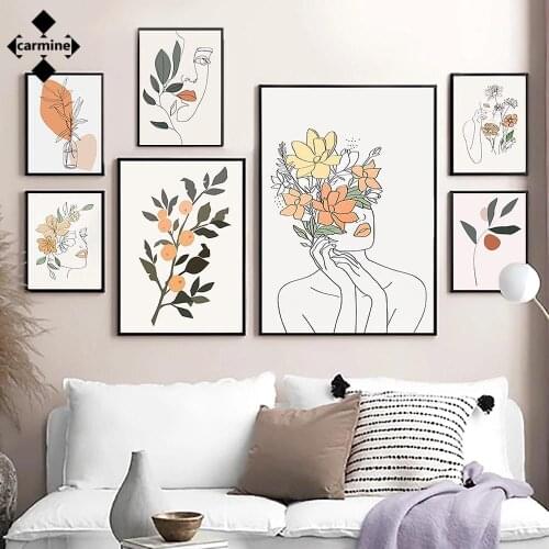 Abstract Wall Art Line Figure Canvas Painting Flower with Woman Posters and Prints Modern Art Printing Picture for Bedroom Decor