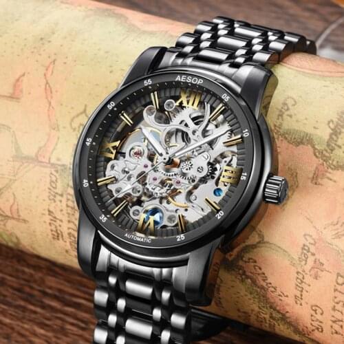 Aesop Tourbillon Mens Watch Top Brand Luxury Belt Watch Men Automatic Mechanical Wristwatch Skeleton Sport Clocks Reloj Hombre