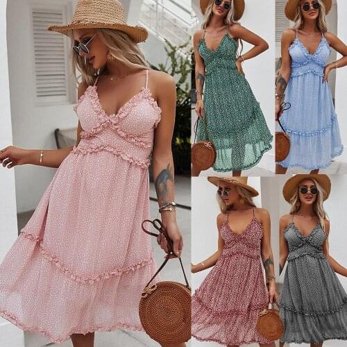 Floral Print Summer Dress 2021 Women Spaghetti Strap Dress Summer Beach Sexy V-Neck Print Ruffle Chiffon Dress Femme Robe