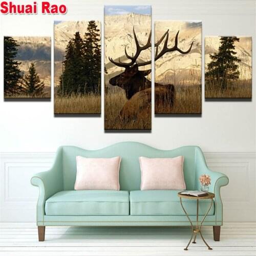 Diy 5d diamond painting elk Deer grass 5 Pieces animal diamond embroidery Multi Panel Modular Pictures,home decor wall art