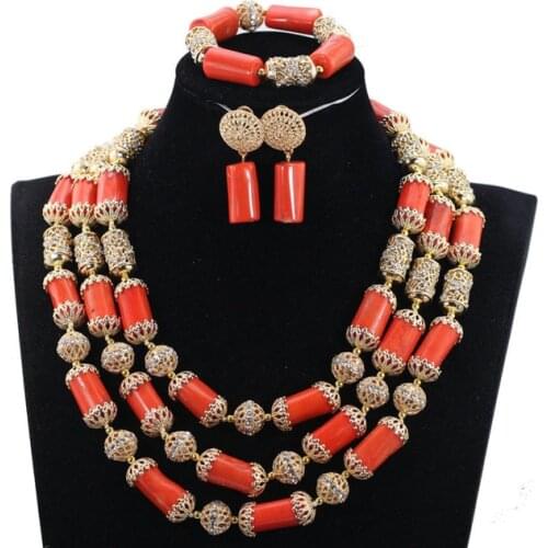 Elegant African Beads Bridal Necklace Bracelet Earrings Jewelry Set 24 Inches Gold Accessory Nigerian Wedding Coral Beads C2