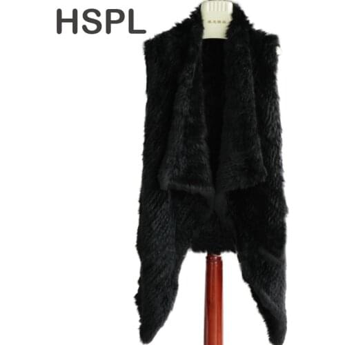 HSPL Open Front irregular Genuine Rabbit fur knitted vest Women fur waistcoat Rabbit Fur Shawl in winter