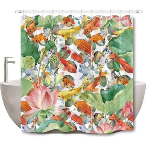 Carp Koi And Flower Lotus Artistic Shower Curtains Bathroom Curtain Watercolor Pond Fish Waterproof Fabric For Bathtub Decor