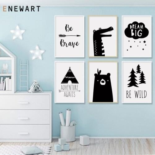 Cartoon Nursery Be Brave Wild Quotes Canvas Art Painting Black White Bear Crocodile Wall Picture for Children Bedroom Decoration
