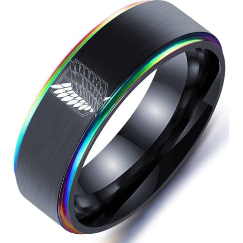 8mm Attack on Titan Black sliver Stainless Steel Ring Wings Of Liberty Flag Finger Rings For Men Women Jewelry Anime Fans