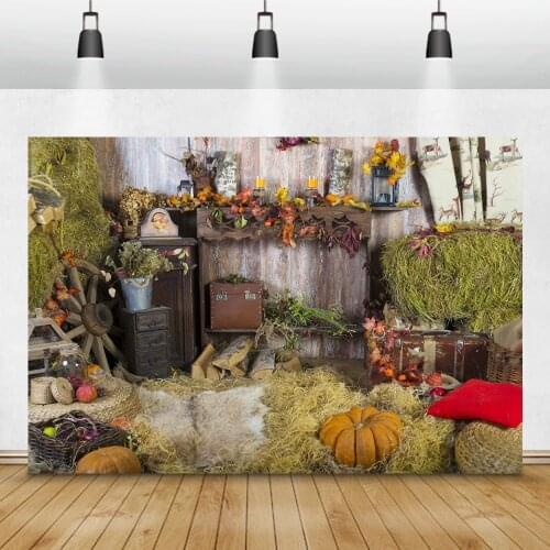 Laeacco Autumn Photocall Rural Farmhouse Haystack Pumpkin Wheel Baby Portrait Photography Backdrops Photo Backgrounds Photophone
