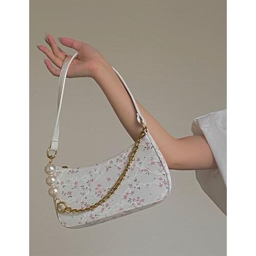 Fashion Pearl Chains Womens Small Shoulder Bag Retro Flower Design Ladies Underarm Bags Solid Color Female Clutch Purse Handbag
