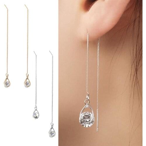 Fashion Vintage Lady Rhinestone Inlaid Water Drop Dangle Long Ear Line Threader Earrings chain Tassel Jewelry