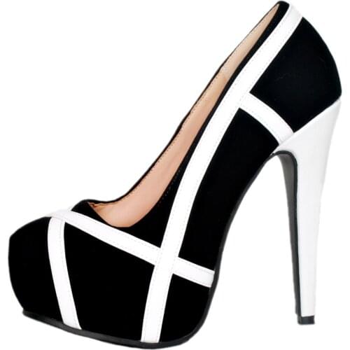 Womens Fashion Black White Straps Thin High Heels Platform Pumps For Women Suede Leather Super High Heel Shoes Big Size
