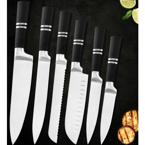 6PCS Japanese Style Chef Knives Set Stainless Steel 8'' Bread Slicing 7'' Santoku 5'' Utility 3.5'' Paring Knife Accessory
