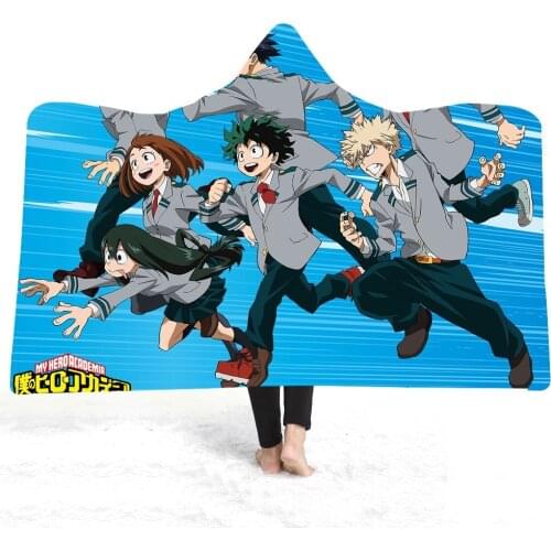 Anime My Hero Academia Hooded Blanket Sherpa Fleece Comic Cartoon Character Winter Warm Sofa Travel Blanket for Reading Kid Gift