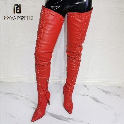 Sexy Catwalk Thigh Boots with Rivets and Pointed Toe Stiletto Heel Side Zipper Fashion Slim Stretch Red Over-the-knee Boots