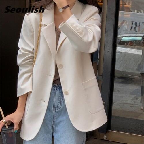 REALEFT New 2021 Elegant Single Breasted Womens Blazers Pockets Female Formal Jackets Loose Outerwear Tops Lady Spring Autumn