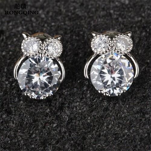 RONGQING 1pairs/lot Fashion Cute Night Owl Animal Stud Earrings for Girl Women Gifts Clear Crystal