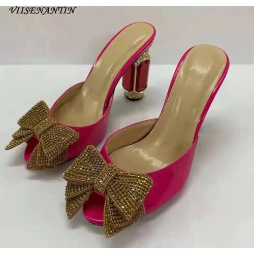 Pure Color Open-toed Butterfly Golden Rhinestone Slippers Patent Leather Gemstone Rhinestone Shaped Heel Luxury Summer Sandals