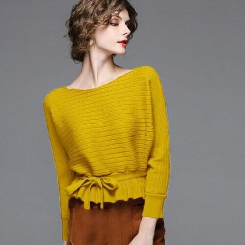 2018 Autumn Fashion Womens Sweater Slash Neck Batwing Sleeve Belted Knitwear Ruffles Peplum Pullover Chandail Sueter