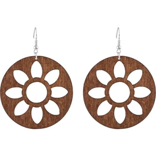 Tinct Round Shape Natural Wood Cutout Flower Drop Earrings for Women Fashion Large Wooden Earrings Jewelry Wholesale