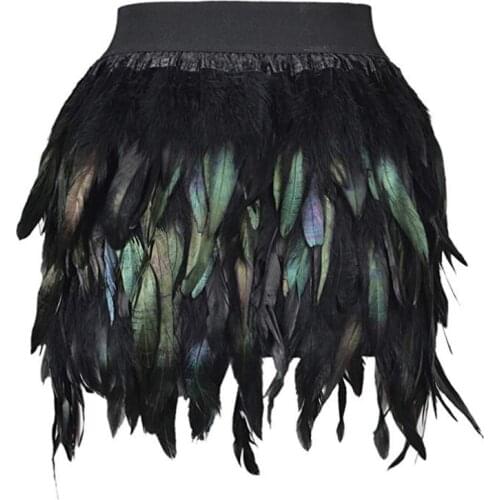 Women Black Swan Feather Skirt Mini Length Fully Double Layer Fabric Lined Feather Skirt Party Event Plumage Office Lady Skirt