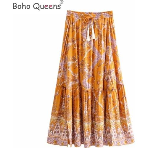 Boho Queens Women yellow floral print tassel Bohemian beach Maxi skirts rayon cotton skirt femme
