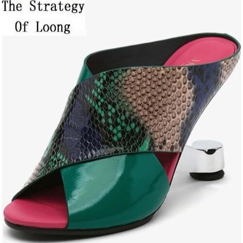 Summer New OutSide Metal Strange Heels Peep Toe Cut Out Mixed Colors Genuine Leather Women Fashion Gladiator Slippers 20210530