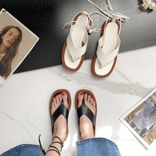 SUOJIALUN 2021 New Brand Women Sandal Shoes Flat Heel Round Toe Platform Shoes Summer Outdoor Rome Ankle Strap Slides Mujer