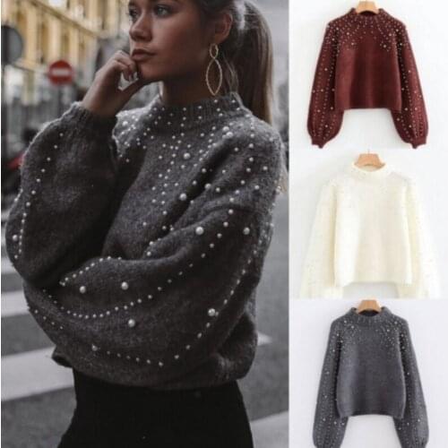 Womens Casual Pullover Sweater Thick Needle Long Sleeve O-neck Sweater Autumn Winter Casual Loose Pearl Sweaters Femme Clothes