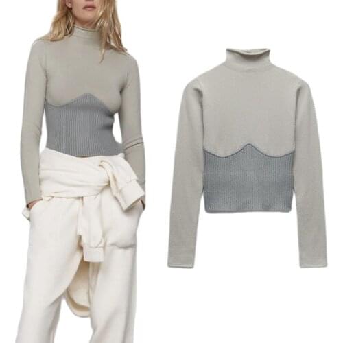 Za Women Winter Patchwork Turtleneck Knit Sweater 2021 Long Sleeve Pronounced Seam Slim Pullover Female Chic Knitted Top