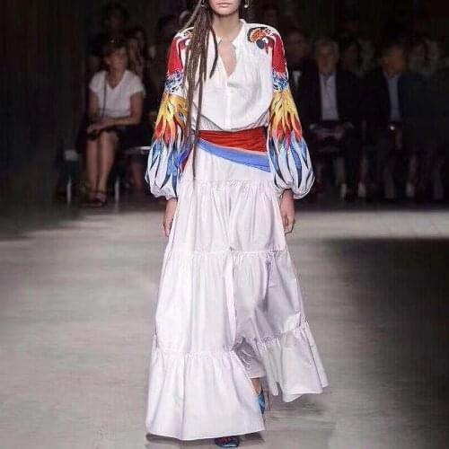 2021 Spring Autumn Vestidos Women Casual Long Sleeve Elegant National Slim V-Neck Embroidery Maxi Party Red White Shirt Dress