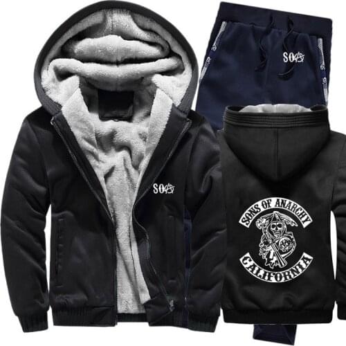 SOA Sons of Anarchy Skull Printed Hoodies Mens Suit Winter fleece Thicken Warm zipper Sweatshirt Mens Hoodies Jacket +Pants 2Pcs