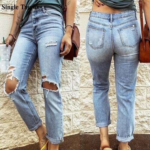 2020 Fall Fashion Female Jeans Streetwear Casual Blue Denim Pants for Women Straight Loose Distressed Trousers Ripped Jeans