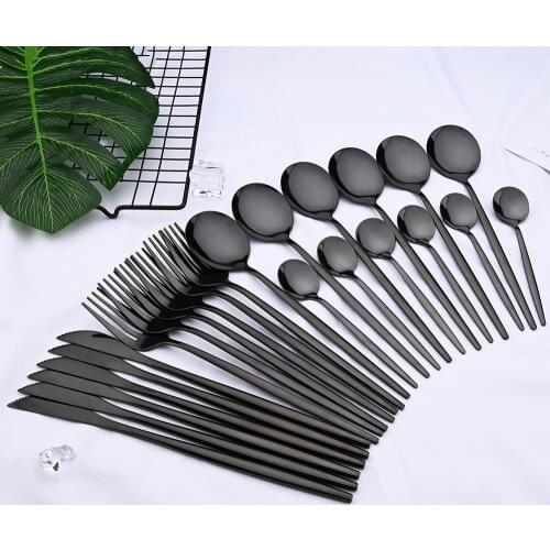 24pcs Black Western Dinnerware Set Stainless Steel Cutlery Set Fork Knife Spoon Tableware Set Flatware Set Silverware Set
