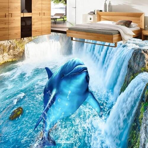 Custom 3D Mural Wallpaper Waterfall Dolphin Living Room Bedroom 3D Floor Murals PVC Waterproof Self adhesive Sticker Wallpaper