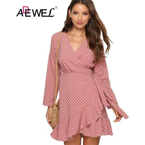 ADEWEL Cute Pink ripple Round Spot Wearing A belt Tie Women Dress Solid Color V Neck Irregular Long Sleeves Crop Top Dresses XXL