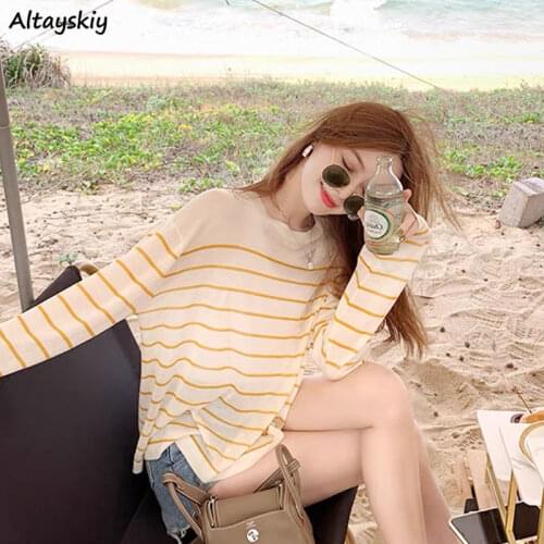 Long Sleeve T-shirts Women Summer Korean Style Thin Sun-protection Holiday Loose All-match Striped Harajuku Female Teens Vintage