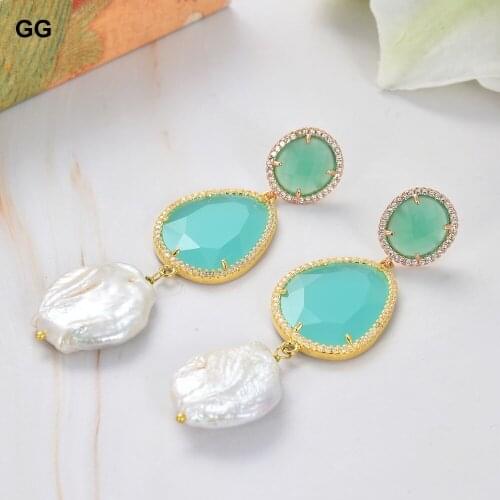 GuaiGuai Jewelry Natural Pearl Cultured White Keshi Pearl Green Cats eye Cz Paved Hook Dangle Earrings For Women