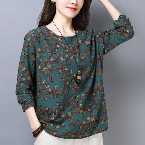 Cotton Linen Shirt Women Long Sleeve Floral Blouse Ladies Tops Casual Basic Tee Shirt Tunics O Neck