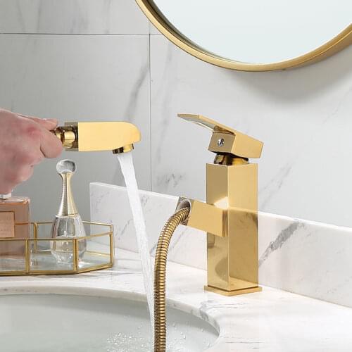 Northern Europe Type Square Golden Take Pull Water Tap Full Copper Wash Basin Hot And Cold Faucet Household Shower Room Counter