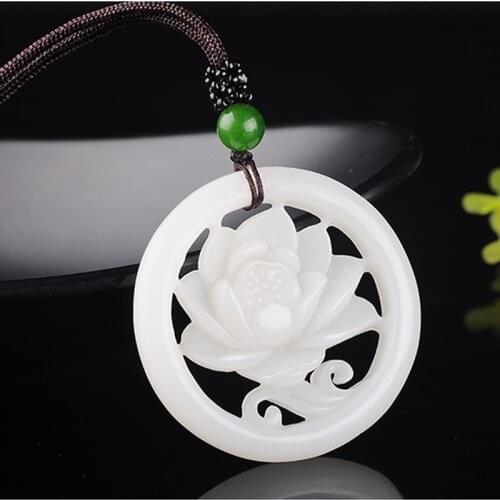 Fashion White Jade Hollow Flower Pendant Necklace Jewellery Chinese Hand-Carved Relax Healing Women Man Luck Gifts Amulet New