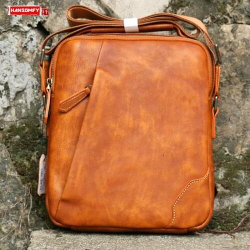 Vegetable Tanned Leather Men Shoulder Messenger Bag Mens Simple Casual Small Squre Crossbody Bags First Layer Cowhide 2021 New